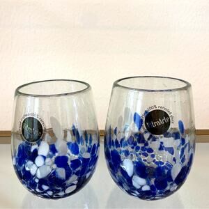 2pc Hand Blown Mexican Art Glass Stemless Wine Glasses Blue & White Confetti NEW